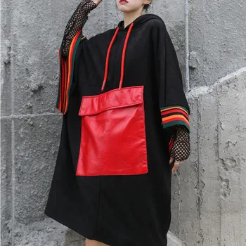 

XUXI Autumn 2020 Deerskin-Velvet Splicing Dress Elegant Light Mature Style Large Size Hooded Fashion Dresses Knee-Length FZ3310
