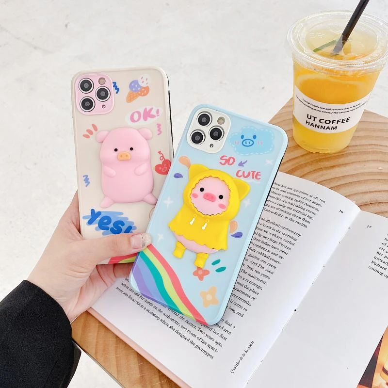 3D Raincoat Piggy Phone Case For iPhone 11 12 Mini Pro Max X XR XS 8 7 Plus SE Soft Silicine Cute Pig Back Cover