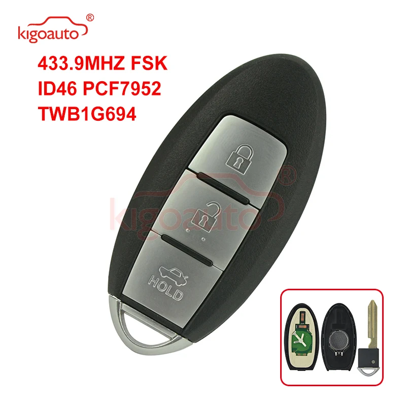 

Kigoauto Smart key remote 3 button 433.9MHZ FSK ID46 PCF7952 for Nissan Bluebird