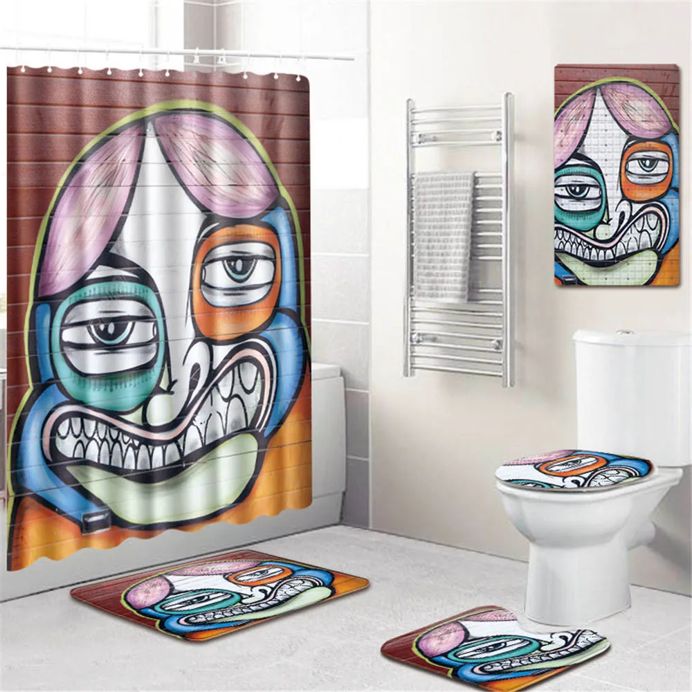 

3D Painting Print Shower Curtain Waterproof Polyester Fabric Washable Bathroom Toilet Seat Cover Anti-slip Bath Mat Carpet Hook