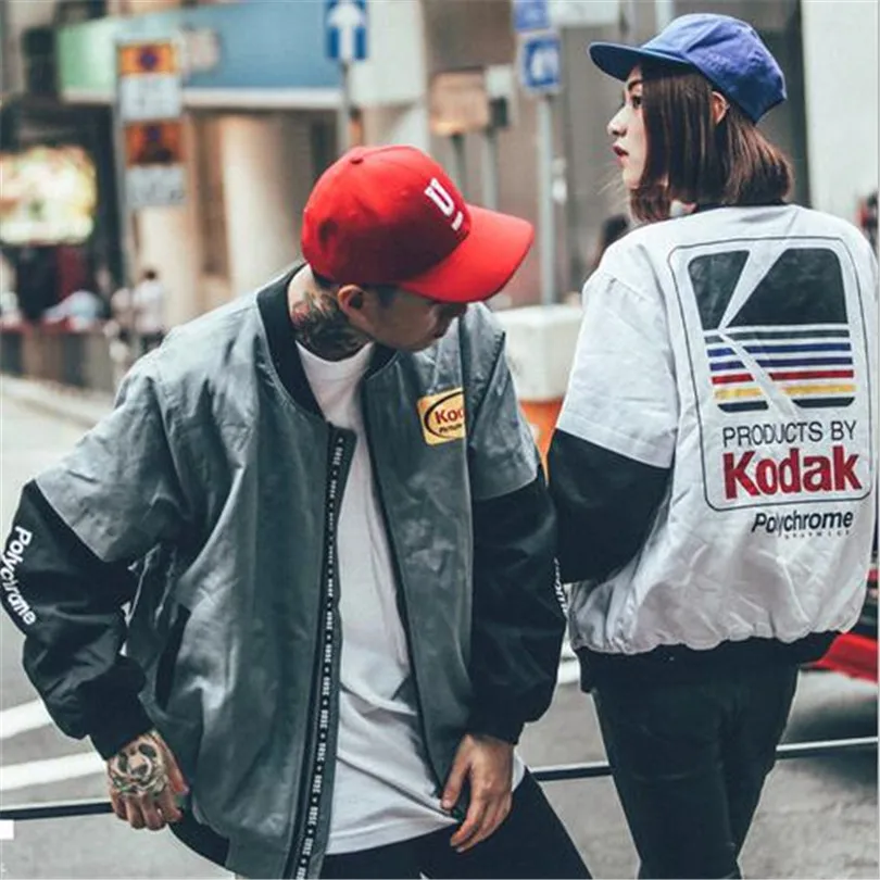 Японская куртка в стиле хип-хоп Harajuku пилоты уличный принт Kodak Мужские и женские