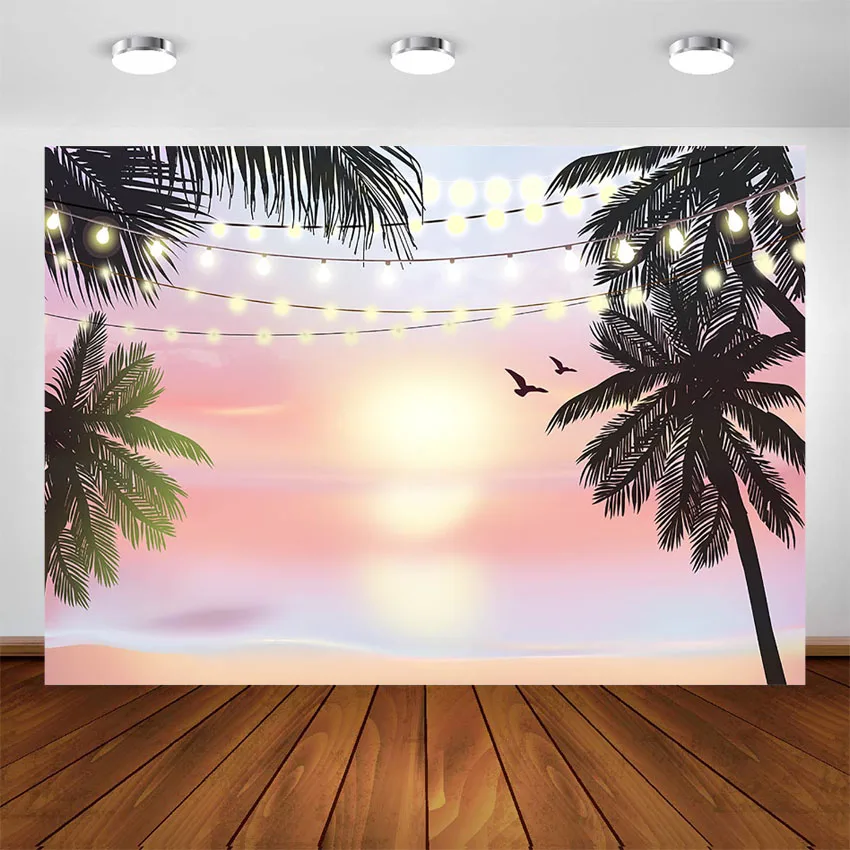 

Pink Sunset Hawaiian Beach Backdrop Summer Tropical Seaside Ocean Photography Background Aloha Luau Party Wedding Birthday Decor