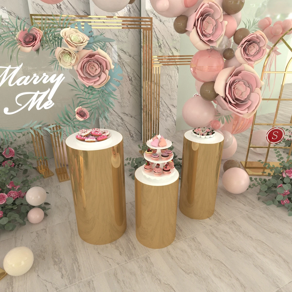 

3pcs/set)Mental Round Pillar Gold Cylinder Plinths Cake Stand Metal Wedding Party Supplies AB0228