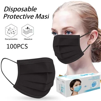 

100pcs Black Disposable Mask For Face Earloop Masks Nonwoven Fabric Breathable Dustproof Mouth Masker 3 Ply Filter Mask In Stock