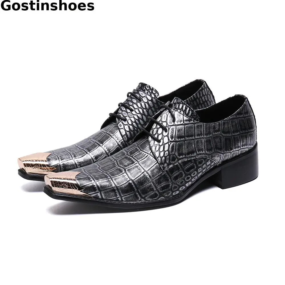 

Genuine Leather Shoes Men Crocodile Printed Elegant Formal Derby Shoes Lace-up Pointed Metal Captoe Men Dress Shoes Daily Wear