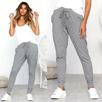 

Slim Women Drawstring High Waist Soft Stretch Skinny Stripes Pencil Pants Long Trousers Leggings Young Girl Sport Casaul Pants