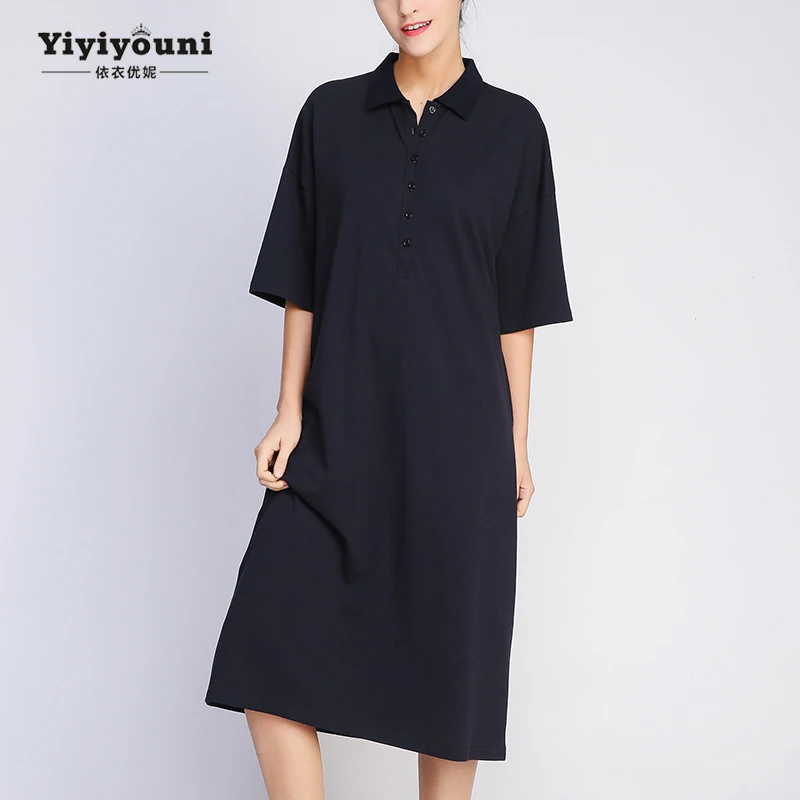 

Summer Turn Down Collar Office Women dress Half Sleeve Knee-Length Straight T Dress Women Casual Elegant Button Cotton Clothes