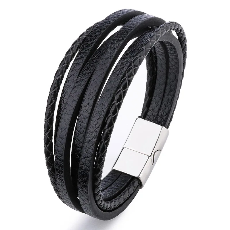 silver black-B Коричневый кожаный браслет для мужчин кожаные браслеты с магнитной застежкой из воловьей кожи Плетеный многослойный браслет для мужчин s - Окраска металла: silver black-B