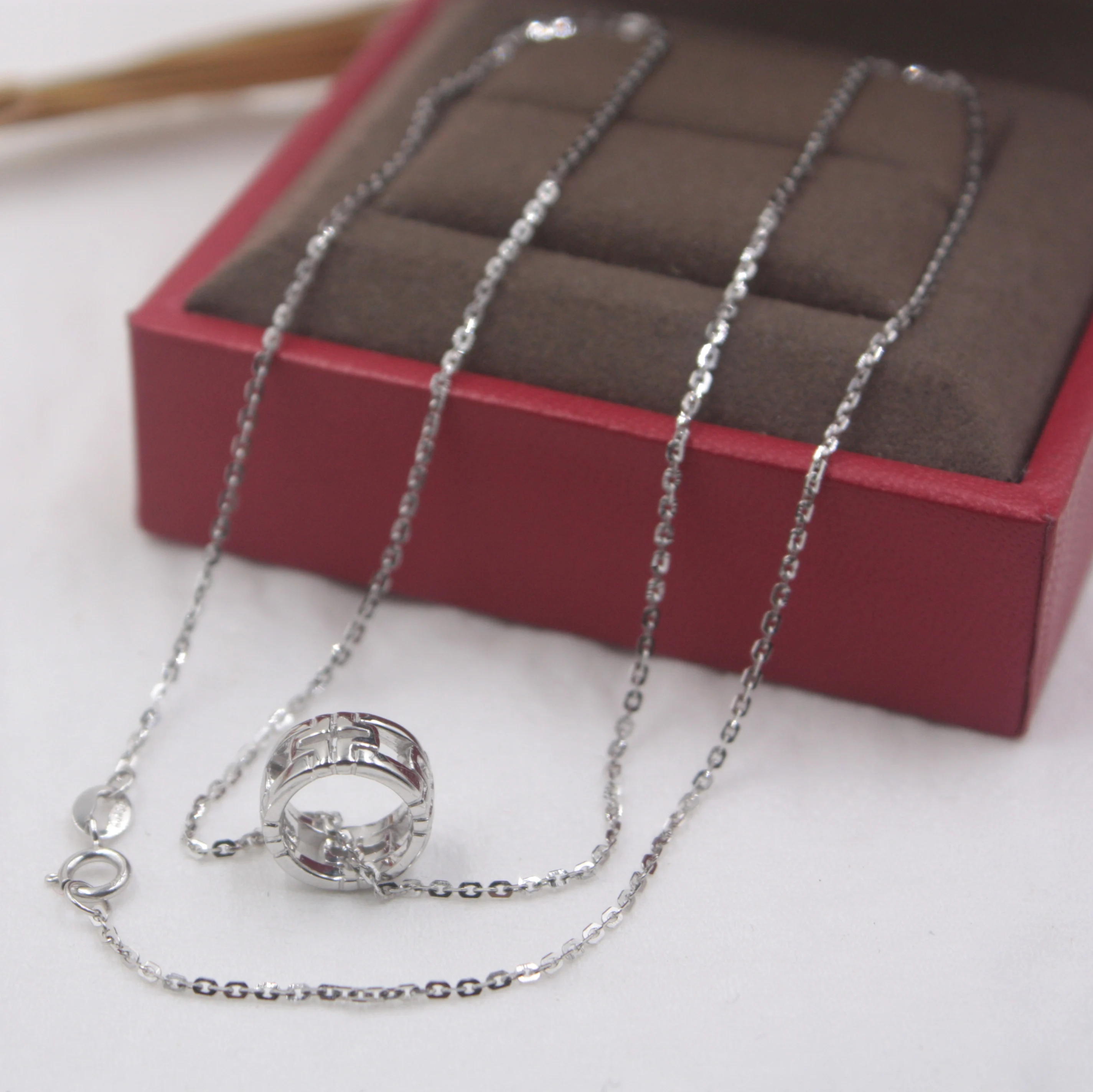 

Real 18K White Gold Necklace Woman's Unique Circle Lucky O Link Girl Friend Birthday Gift 18''L
