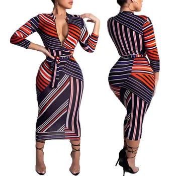 

2019 Autumn African Bodycon Dress For Women Dashiki stripe Print Zip Sexy V neck Plus Size Elastic Ankara Slim African Clothing