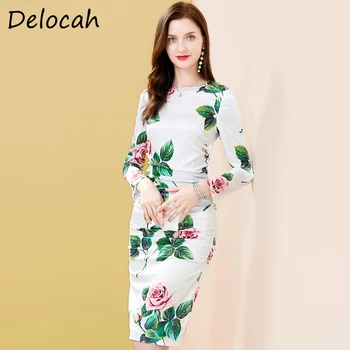 

Delocah Spring Summer Fashion Designer Women Dress Lantern Sleeve Rose Floral Printed Slim Modern Female Mermaid Midi Dresses