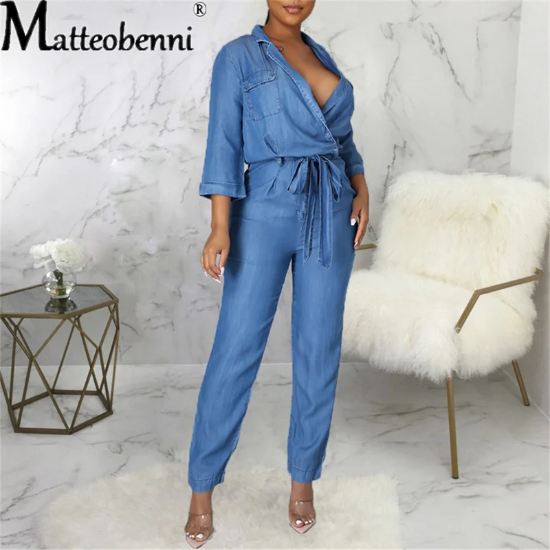 2021 Womens Autumn Denim Jumpsuit Long-Sleeved Trousers Fashion Trend Slim With Belt Casual Ladies Denim Rompers Street Rompers