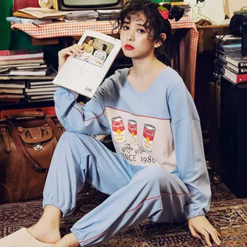 

New Pajamas women's spring and autumn long sleeve cotton sports door autumn thin all cotton home clothes large loose suit