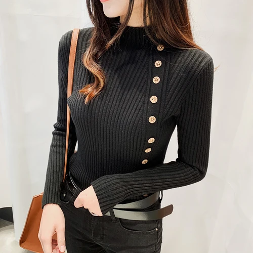 Черный Pull femme, зимний Корейский Однотонный свитер для женщин, теплый тонкий вязаный свитер с длинным рукавом, водолазка, топ, вязанные пуловеры, женский джемпер - Цвет: Черный