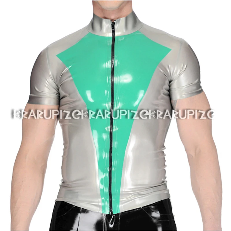 Silver With Jade Green Trims Sexy Latex Jackets Short Sleeves Zip At Front Rubber Tops Clothes Plus Size YF-0190 | Тематическая
