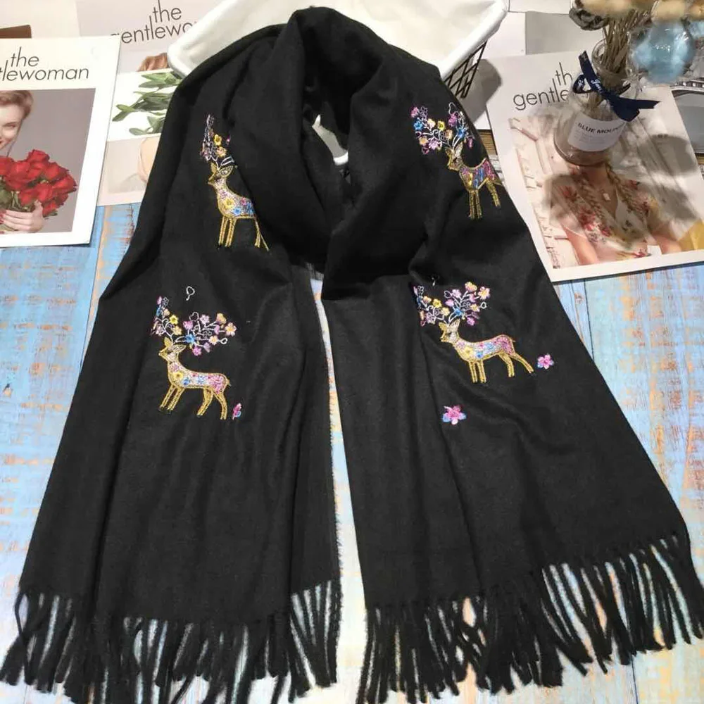 Роскошный брендовый зимний шарф для женщин, теплый кашемировый шарф с вышивкой оленя Sika, плотная шаль, покрывало, хиджаб, шарф, Рождественский шарф - Цвет: Colour 4
