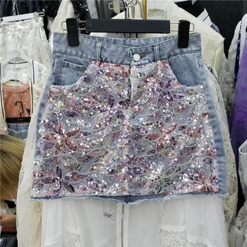 

European Denim Short Skirt Female Summer 2020 New European Goods Fashion Low Waist Stitching Sequin Slim Skirts Woman Skirts