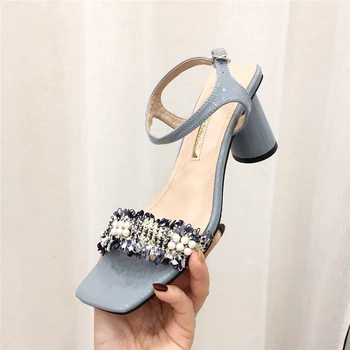 

2020 Sweet Women Candy Color High Heels Sandals Open Toe Beach Sandals Summer Designer Blue White Ankle Strap Sandal Party Shoes