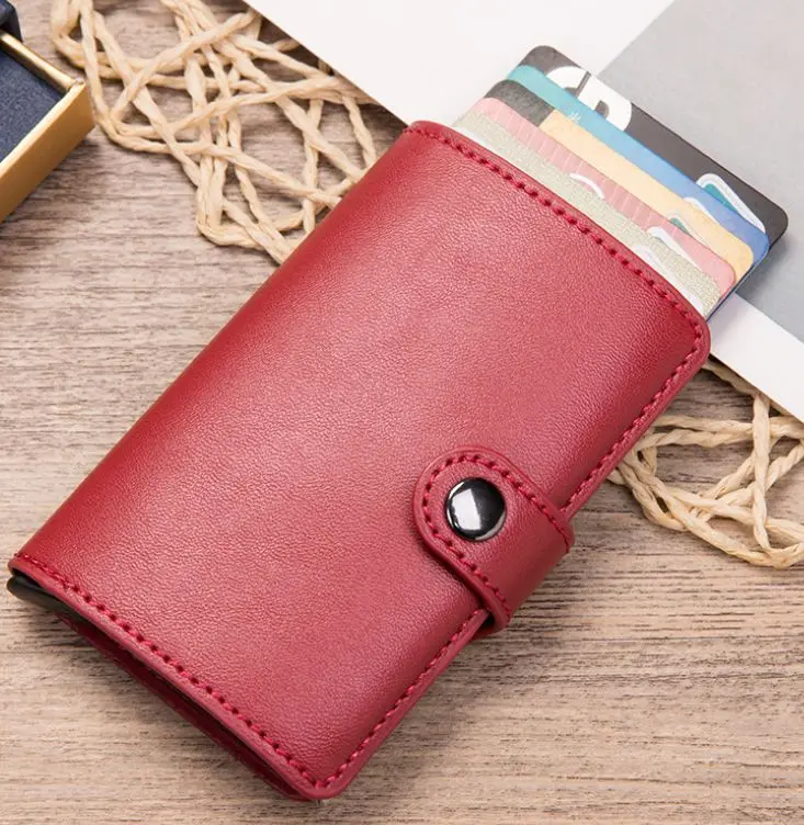 Автоматический мини-кошелек RFID из искусственной кожи, держатели для кредитных карт, алюминиевый сплав, противокражный чехол для ID карт - Цвет: red