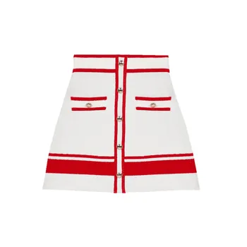 

2020 Spring New Knitted Mini Skirt Women's A-line Red Stripes Patchwork Buttons Decoration Sweet Lady Short Skirt With Zipper