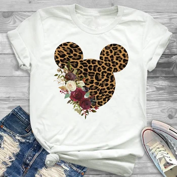 

Leopard Printed Graphic Flower Fashion Minnie T-Shirt Women Mouse Mickey Ear Tee Shirt Women Tee Tops Hipster Female T Shirt