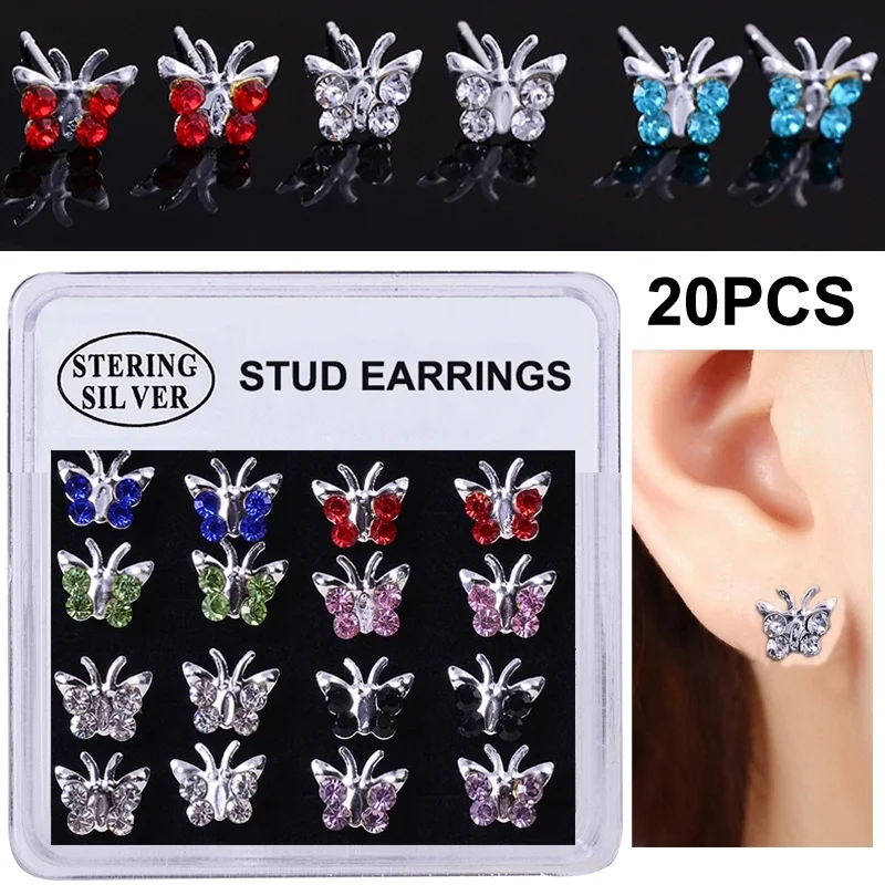 

20PCS/Box Cute Butterfly 925 Sterling Silver Earrings Color Mixing Crystal Stud Earrings for Women Fashion Rhinestone Jewelry