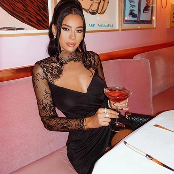 

2020 New Women Black Long Sleeve Lace Sexy Dress Summer Sheath Solid Vestidos Good Quality Party Club Wear V Neck Wholesale