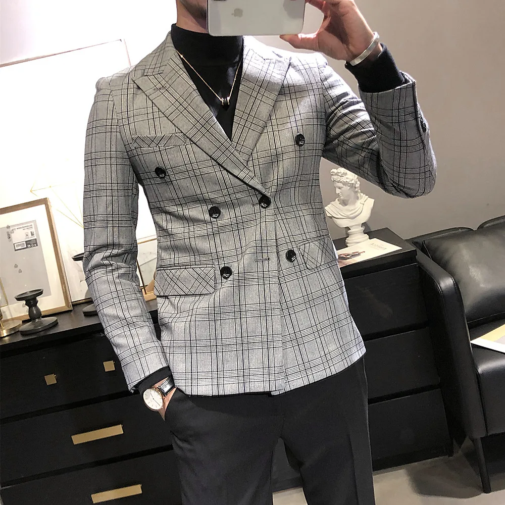 Men‘s Blazers Suit Jacket Plaid Smart Casual Solid Slim Fit Clothing Modis 3XL Double Breasted Male Blazers Men Suit Jackets - Цвет: gray