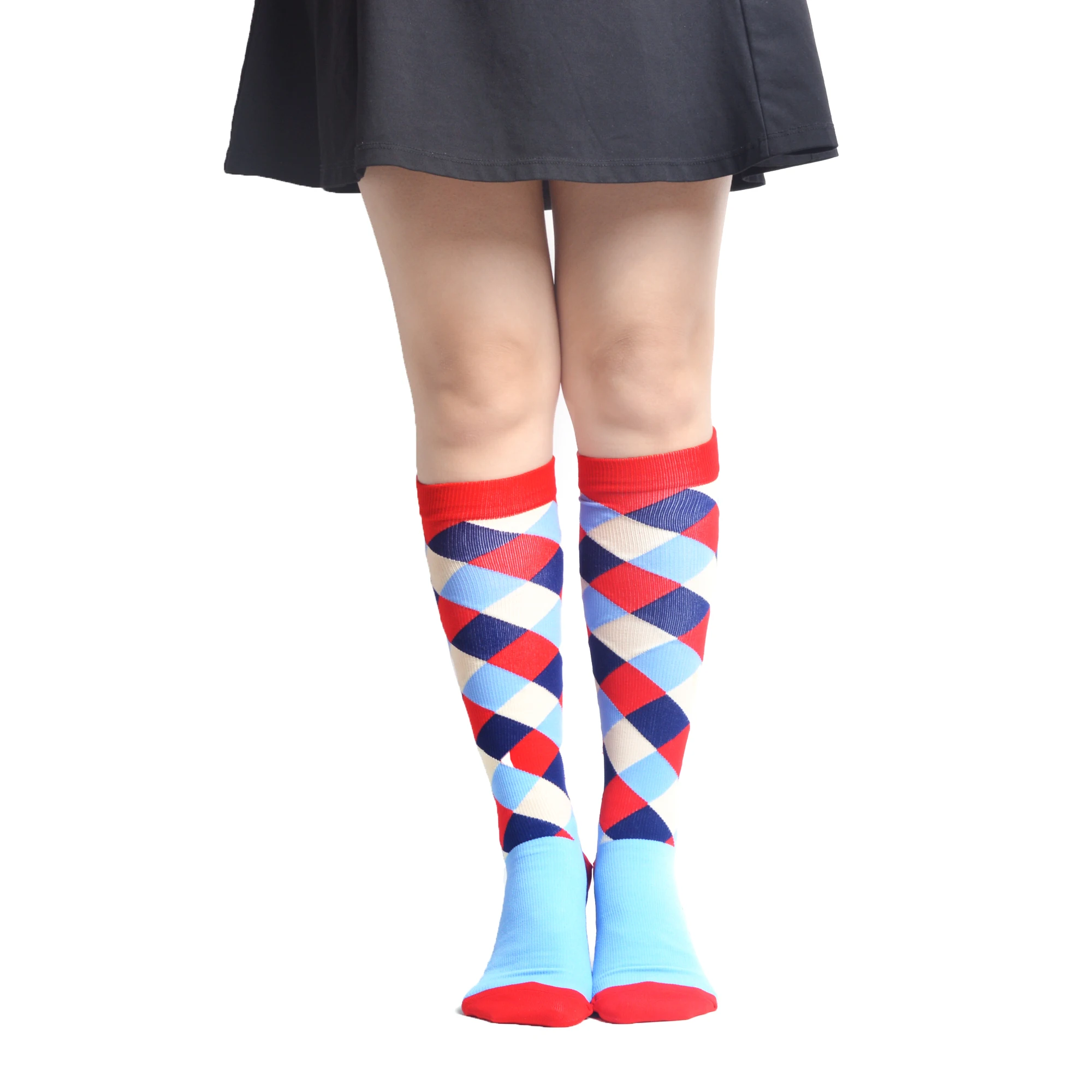 SANZETTI, 4 пар/лот, женские носки hayp SocksStriped из чесаного хлопка, Компрессионные носки ниже колена, клетчатые, не утомляющие, Длинные цветные носки
