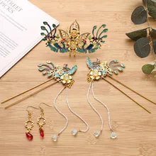 

Ethnic Hair Sticks for Girls Green Headdress Crown Hair Jewelry for Women Tassel Sway Ancient Hair Ornaments Wedding Accessories