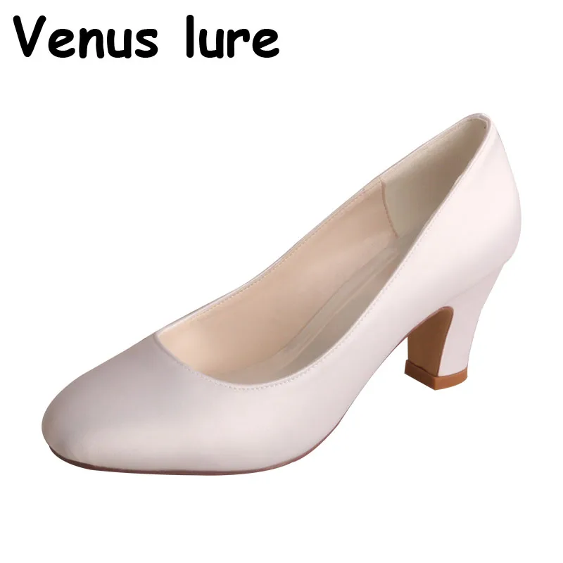 

23 Colors Round heel White Color Satin Womens heels for weddings Block Heel