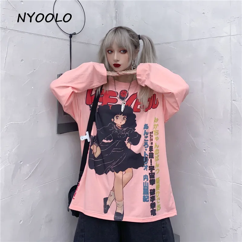 NYOOLO Harajuku Стильная красивая Милая танцевальная футболка с японским принтом для девочек, топы, осенние свободные футболки с длинным рукавом и круглым вырезом для женщин - Цвет: Розовый