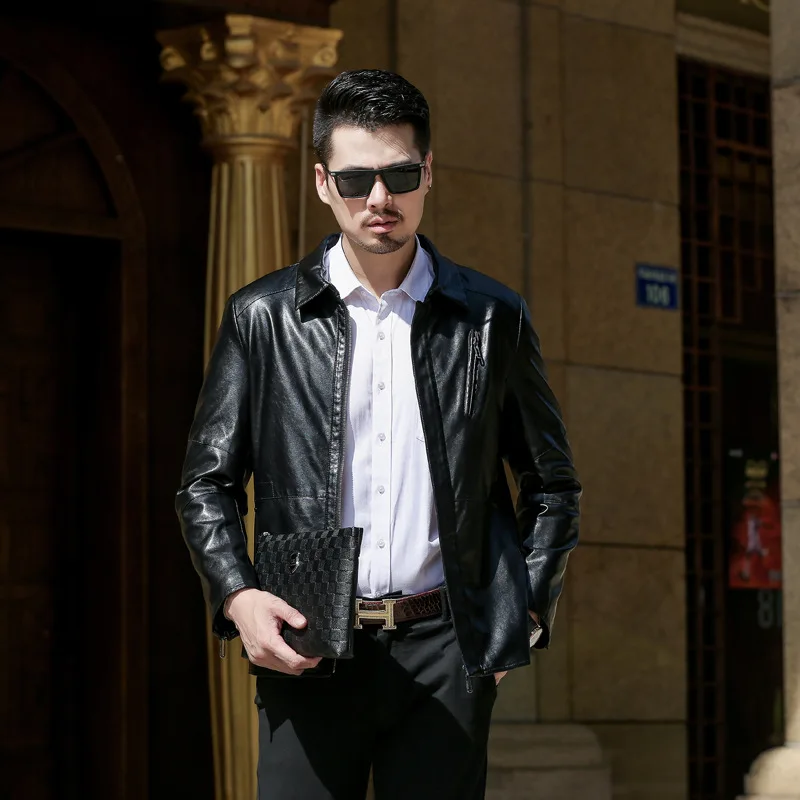 

Haining Faux Sheep Skin Leather Coat Men's Biker Jacket Mid-length Fold-down Collar Men's Middle-aged Thin Coat