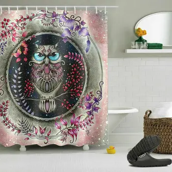 

Abstract Owl Flowers Shower Curtain Set Bathroom Polyester Fabric & Hooks