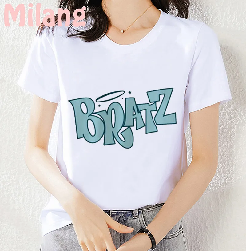 Женские футболки с надписью Bratz летние белые коротким рукавом из полиэстера 2021 |