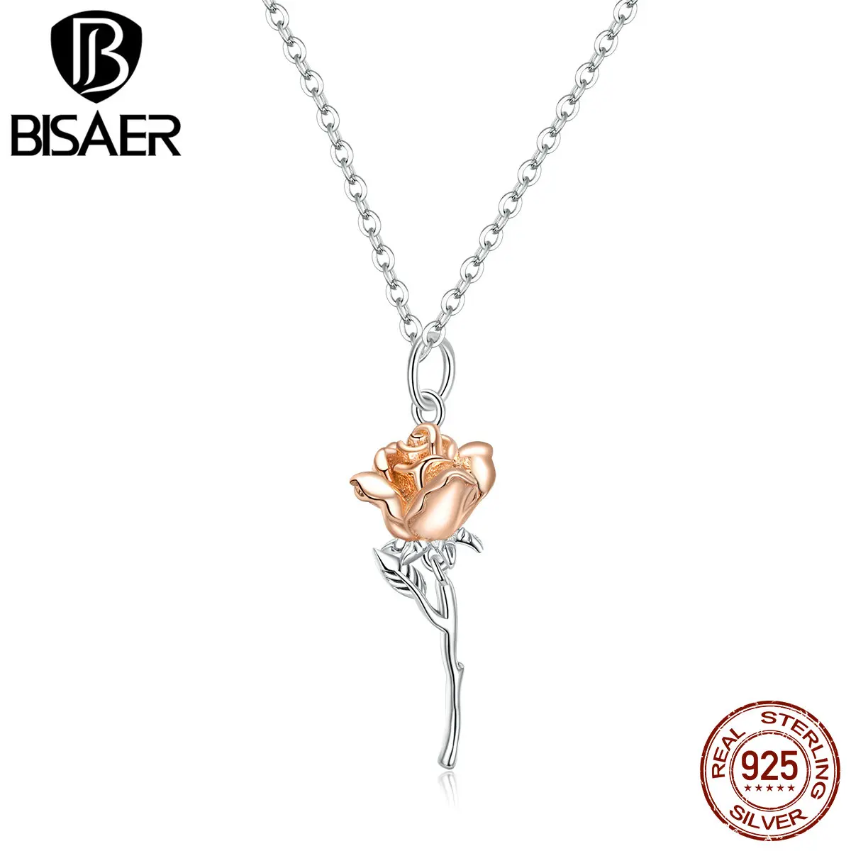 BISAER Graceful Rose Necklace 925 Sterling Silver Eternal Flower Chain Link For Female Jewelry 45cm Adjustable EFN190 | Украшения и