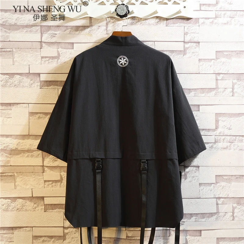 Summer Men\'s Haori Cardigan Kimono Samurai Japanese Clothing Robes Stand-up Collar Loose Print Yukata Streetwear Asian Clothing