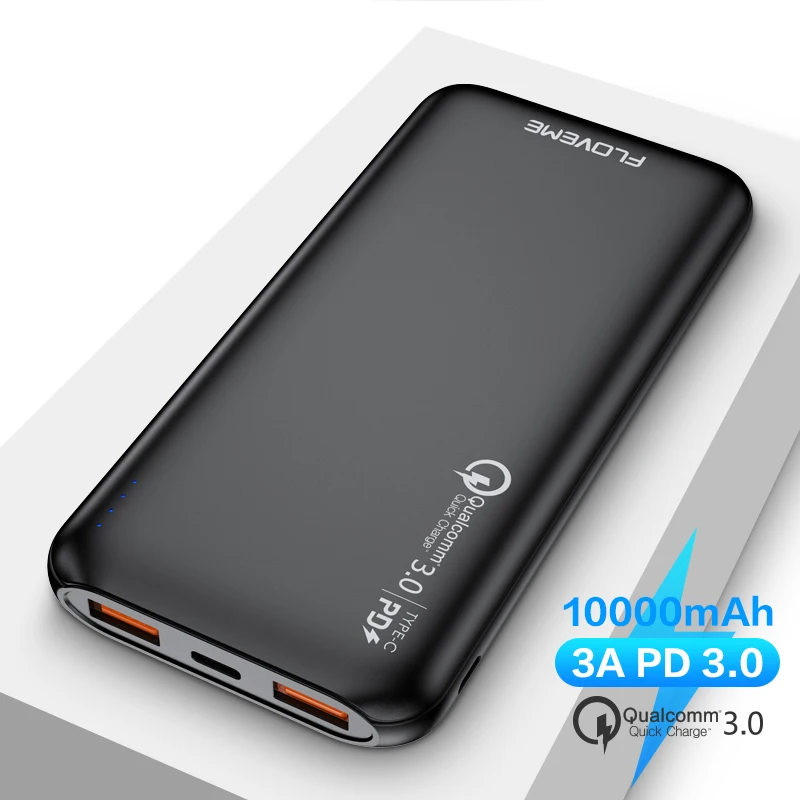 FLOVEME power Bank 10000 mAh портативное зарядное устройство 10000 mAh USB PoverBank QC 3,0 быстрое зарядное устройство для Xiaomi Mi 9 8 iPhone 11 - Цвет: Black