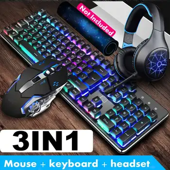 

3 Pcs/set Keyboard Mouse Mice Headset Combos Set Game Luminous Keyboard 26 Keys Round Buttons Square Buttons Mechanical Mouse