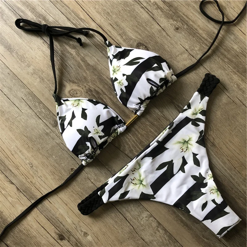 Сексуальный купальник с лямкой через шею, новинка, на шнуровке, пляжная одежда для женщин, танга микро бикини,, Бразильское бикини, принт, купальник, стринги, мини купальник