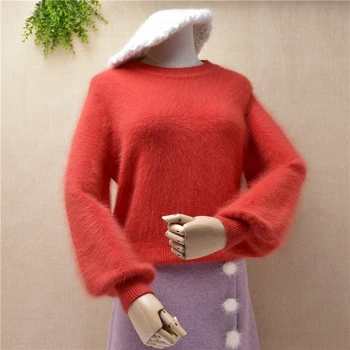 

Women Ladies Elegant o-neck long sleeve short sweater hot red top MInk Cashmere knitted plush base pullover spring clothes