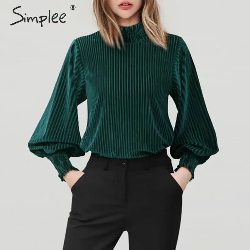  Simplee Vintage striped velvet women blouse shirt Stand neck lantern sleeve female top shirts Autum