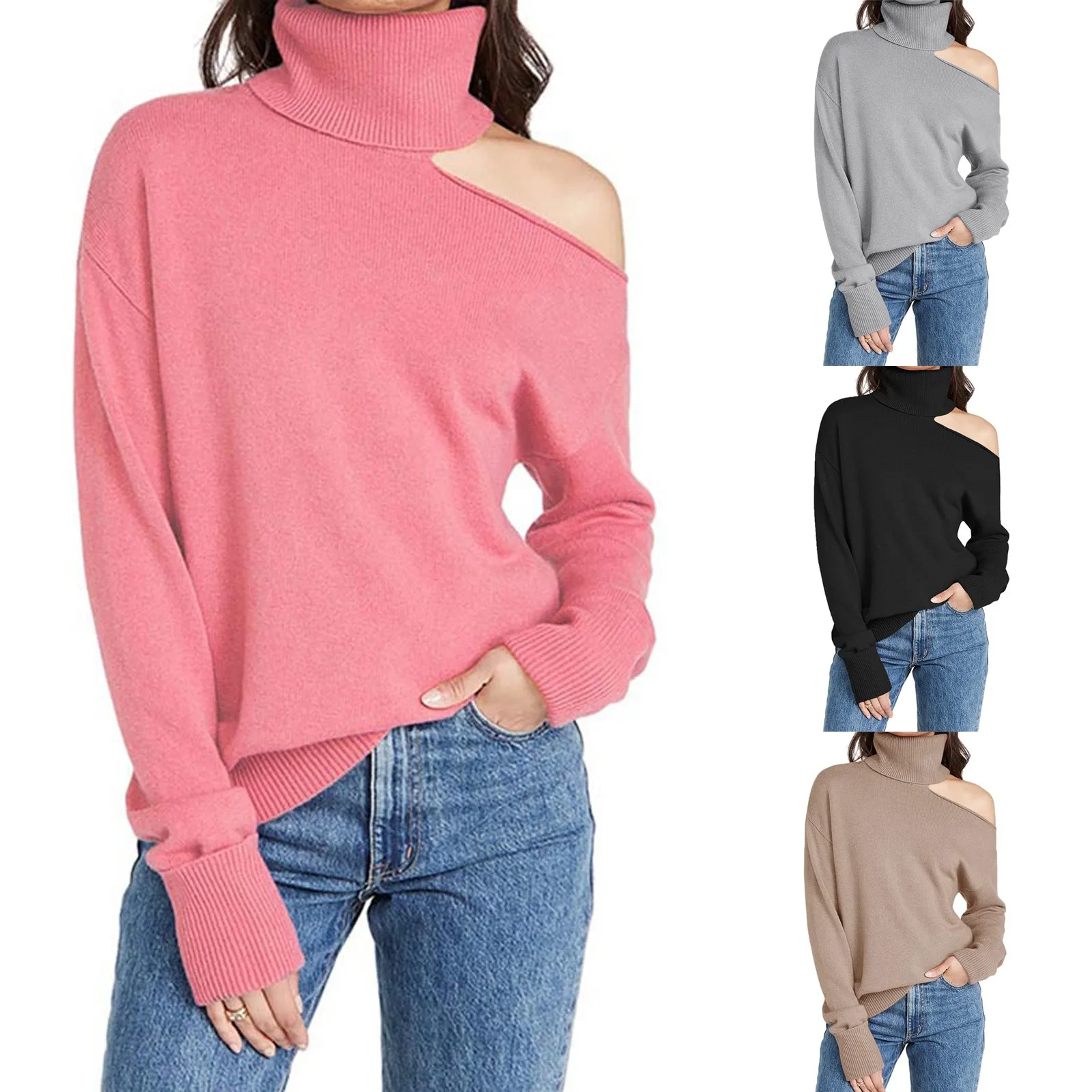 Women Leisure Daily Long Sleeve Sweater Two Lapels Leaky Shoulder Sexy Sweater Casual Solid Color Loose Long Sleeve top Pullover 2
