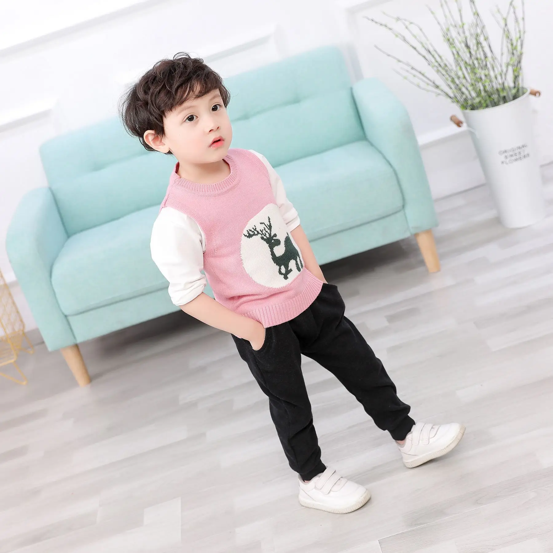 

Sweater Vest Three-piece Set Hoodie Suit Cartoon Deer Childrenswear Fashion 2019 Boy's Spring Clothing Korean-style New Style
