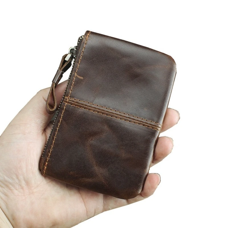 Monedero de cuero Crazy Horse para hombre y mujer, Mini billetera corta con cremallera para cambio de tarjetas, monedero para llaves|Monederos| - AliExpress