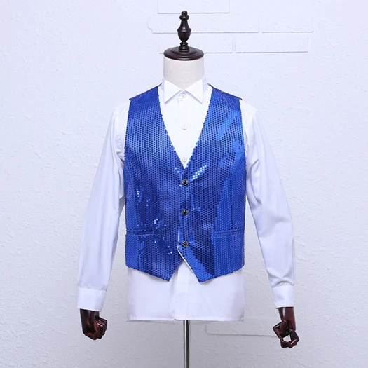 royal blue Золотой блестящий жилет с блестками, Мужской приталенный жилет без рукавов с блестящей горловиной, мужской жилет для ночного клуба, танцев, сцены, выпускного, жилет с блестками, Homme, 2XL - Цвет: royal blue