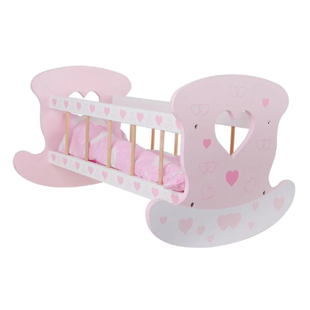 Wooden Girl Toy Rocking Cradle For Baby Dolls With Pillow Blanket for Kids Role Play Game Early Educational Toy