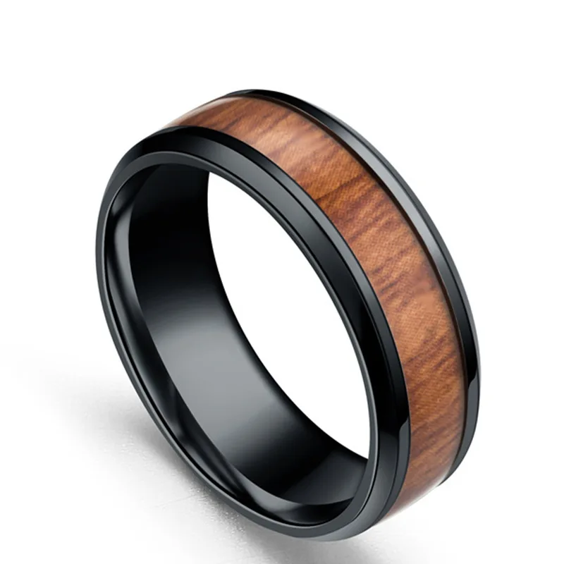 AsJerlya 316L Stainless Steel Finger Rings Durable Vintage Titanium Stainless Steel 8mm Ring Wood Grain Ring Jewelry For Men 3