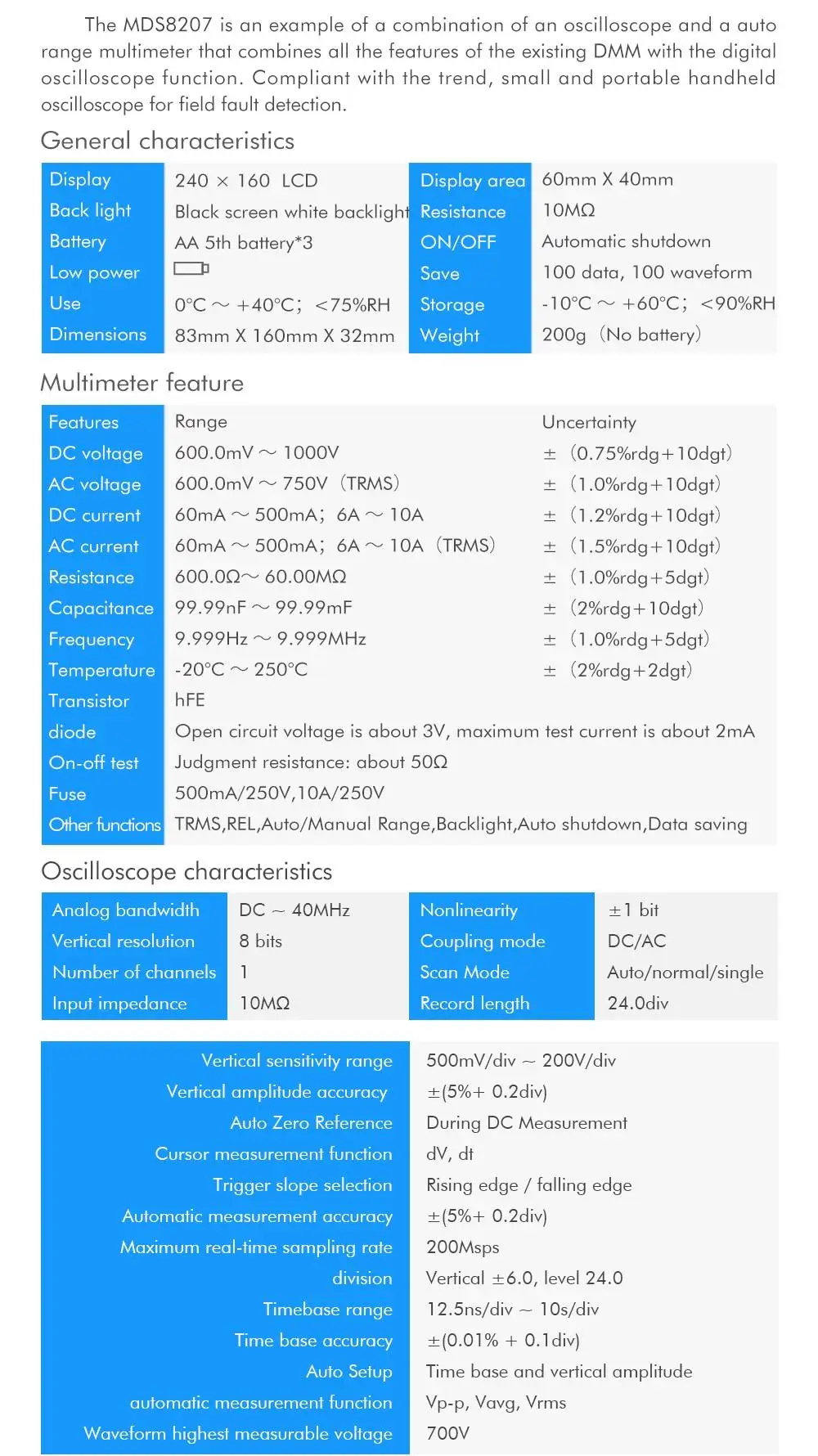 MUSTOOL MDS8207 Интеллектуальный 2 в 1 цифровой 40 МГц 200 Msps/S осциллограф 6000 отсчетов True RMS мультиметр Модернизированный Тип VS MT8206