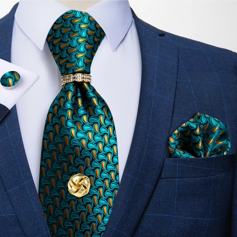 

8cm Necktie Handkerchief Cufflink Set Teal Green Gold Paisley Silk Tie For Business Wedding Tie Accessories Gift For Men DiBanGu